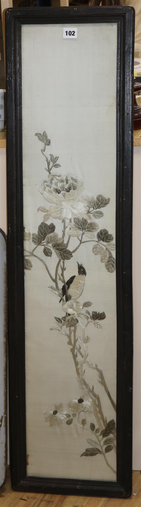 A pair of Chinese embroidered silk pictures of birds, late 19th century 105 x 22cm